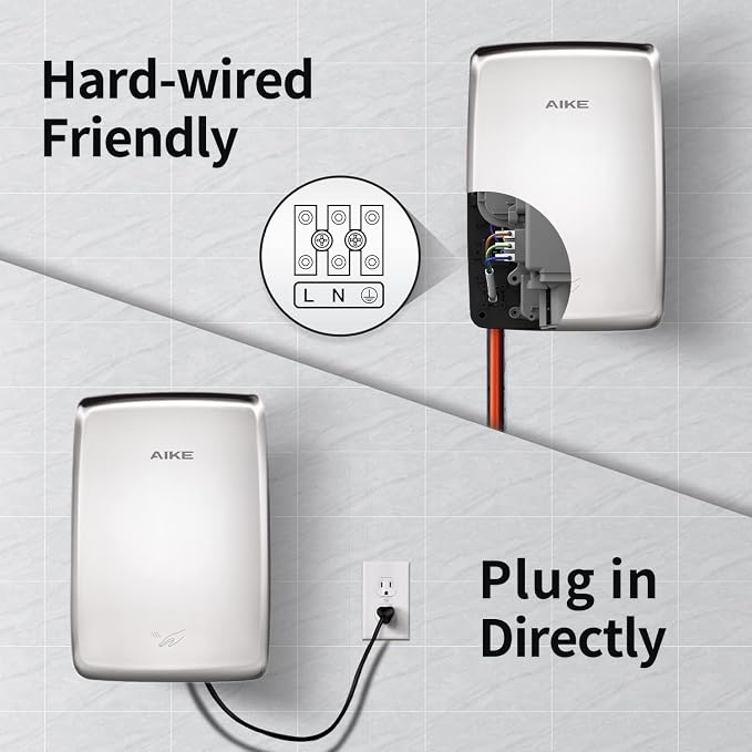 AIKE UL Approved Compact Jet Hand Dryer Hard-Wired Friendly, 1350W 120V Polished Stainless Steel Model AK2803D