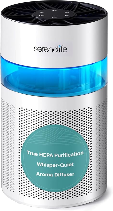 SereneLife Portable Air Purifier | Small Air Purifier For Home, Allergies, Pet Hair & Bedrooms | Filter Change Reminder & Aroma Box | Filtration Removes Dust, & Smoke Odor | Timer & Sleep Mode | White