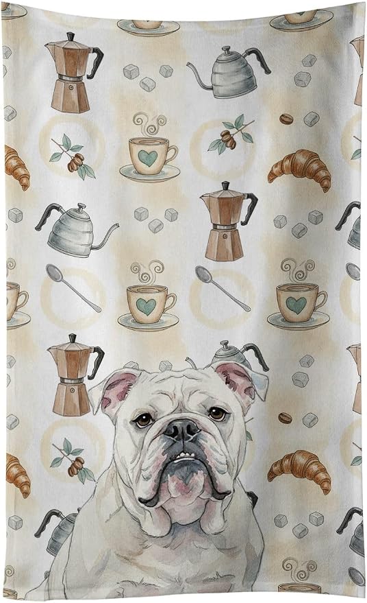 Caroline's Treasures White English Bulldog Coffee Bar Kitchen Towel Velour Plush Front and Cotton Loop Back Machine Washable