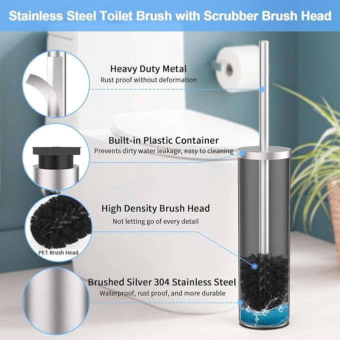 Stainless Steel Toilet Brush and Holder Set Brushed Silver Heavy Duty Toilet Bowl Brush with Long Handle for Bathroom and Farmhouse (Silver)