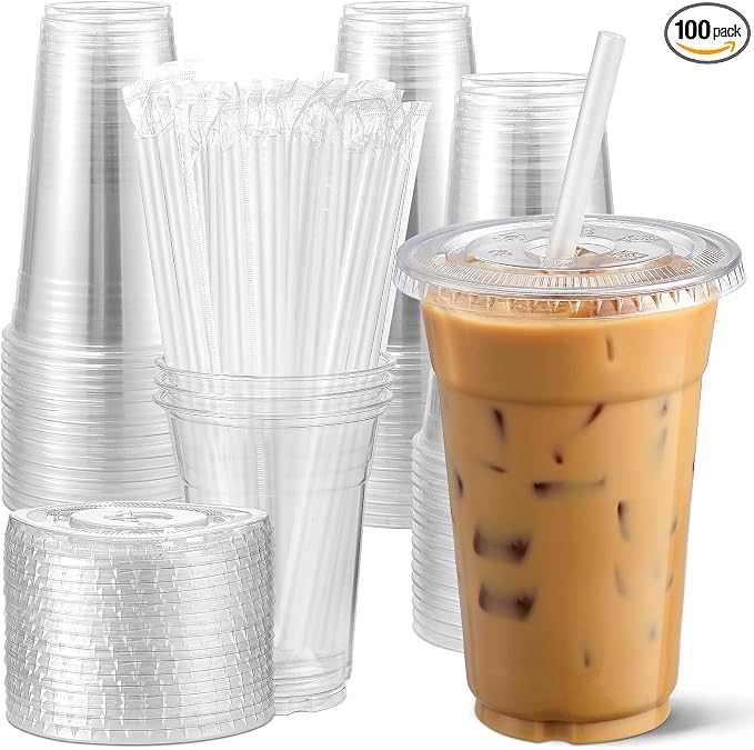 AOZITA [100 Sets 12 oz Clear Plastic Cups With Lids and Straws, Disposable Cups With Lids for Iced Coffee, Smoothie, Milkshake and Cold Drinks.