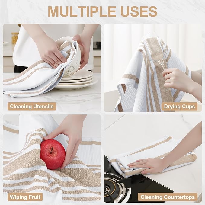 Homaxy Premium Kitchen Towels 18”x 28”, Large Cotton 380 GSM Kitchen Hand Towels, Stripe and Terry Dish Towel, Highly Absorbent Tea Towel Set with Hanging Loop, 3 Pack, Khaki