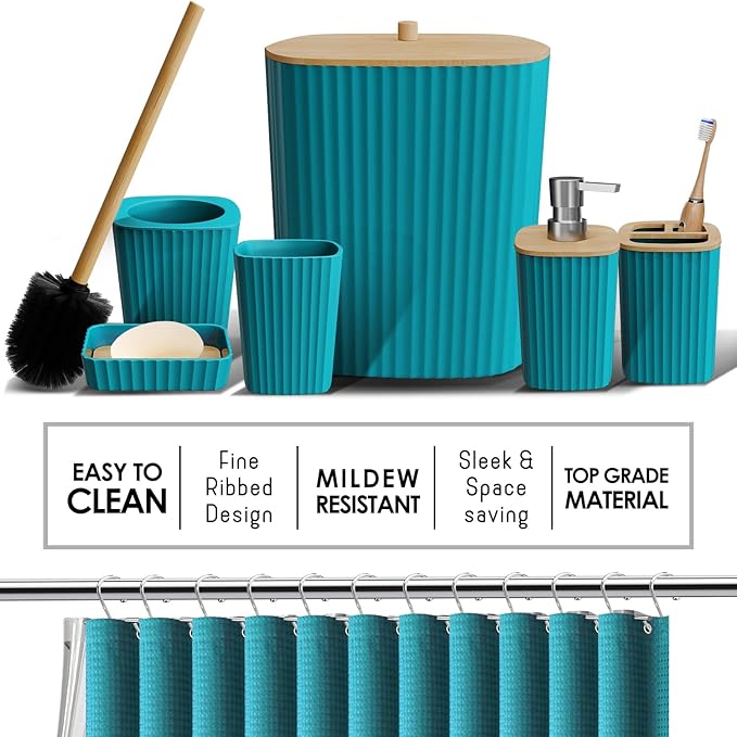 Clara Clark Bathroom Accessories Set - Bathroom Set with Adhesive Corner Shower Caddy Hanging, 25PC Bathroom Accessory Set, Teal Shower Curtain Set, Toilet Brush, Trash Can & Soap Dispenser