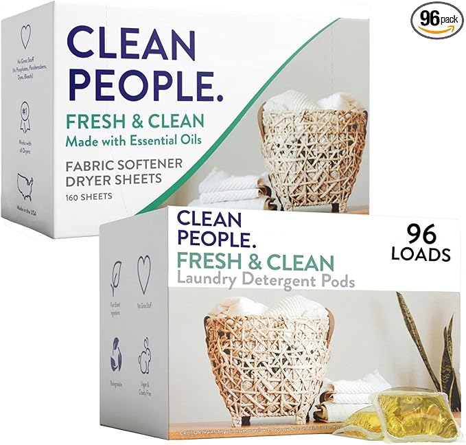 Clean People Laundry Detergent Pods & Fabric Softener Sheets - Plant-Based, Eco Friendly Laundry Detergent 96ct & Dryer Sheets 160ct (Fresh Scent)