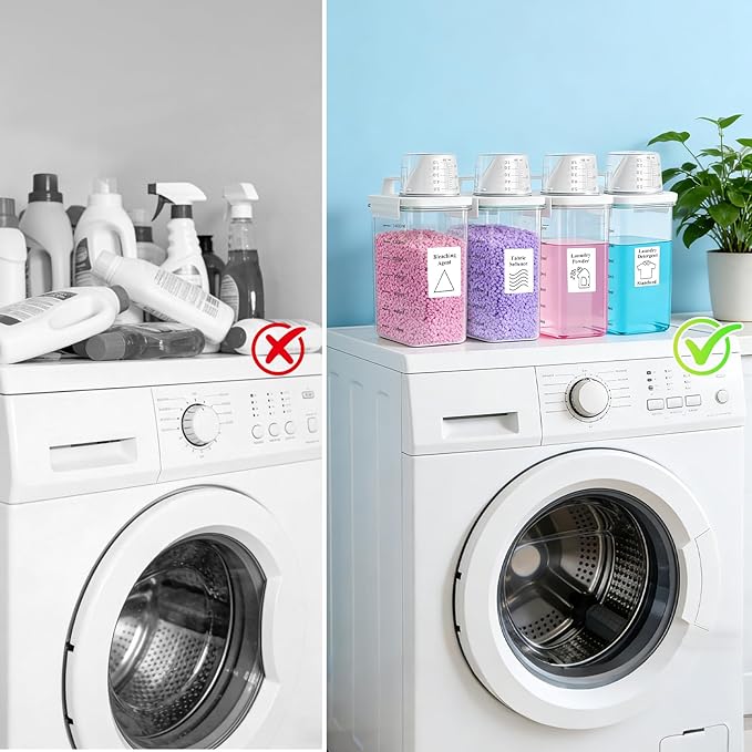 4 Pack Laundry Detergent Dispenser 61oz Plastic Liquid Detergent Dispenser with Label Powder Container & Scent Booster Beads Dispenser Fabric Softener Holder for Laundry Room Organization,Clear