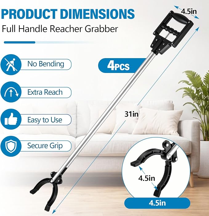 4 Pack Grabber Reacher Tool for Elderly, 31" Lightweight Reaching Aid with Full Handle, Trash Claw Grabber Pickup Stick for Seniors, Disabled, Post Surgery Recovery, Nursing Home Use
