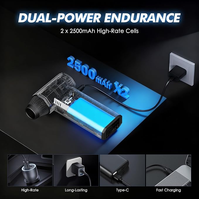 Electric Air Duster - 110,000 RPM Compressed Air Duster, 120W Cordless Air Blower for Computer Keyboard，House, Outdoor & Car, 3-Speed Rechargeable Mini Turbo Fan, Type-C Fast Charge (X113)