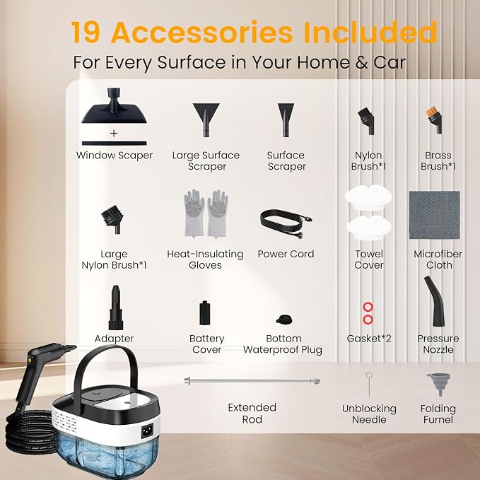 Pressurized Steam Cleaner 1.6L, 3-Level Adjustable Steamer for Cleaning, 10s Heat-Up, 2500W Handheld Steam Cleaner for Home, Car, Kitchen, Floor, Multi-Surface Cleaning Machine, 19pcs Accessories