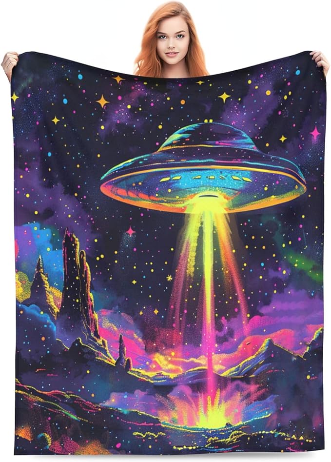 Galaxy UFO Blanket Gifts for Girls Boys Teens Space Decor Throw Blanket Cozy Plush Flannel Fleece Warm Soft Lightweight Fuzzy Winter Colorful Universe Blanket for Women Bed Sofa Couch 60"X80"