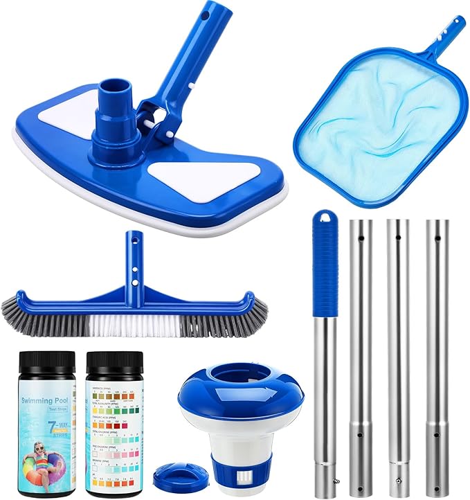 Potchen 6 Pcs Pool Cleaning Kit Include Vacuum Head, Skimmer Net, Brush Head, Telescoping Pole, Pool Chlorine Floater, and Test Strips for Above Ground Pools Hot Tubs Maintenance Tools(Round Vac)