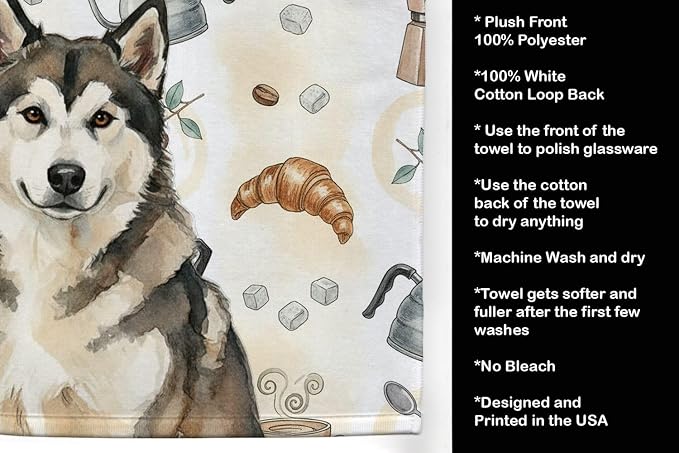 Caroline's Treasures Sable and White Alaskan Malamute Coffee Bar Kitchen Towel Velour Plush Front and Cotton Loop Back Machine Washable
