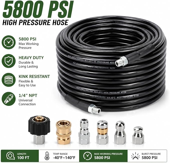 Sewer Jetter Kit for Pressure Washer, 100FT Drain Cleaning Hose with Corner Rotating and Button Nose Nozzles, 1/4" NPT Sewer Jet Nozzle Set with Spanner, Tape, Pins, 5800 PSI