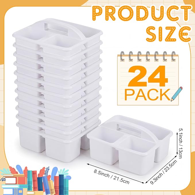 Geelin 24 Pack Classroom Caddy Bulk, Plastic Storage Caddy with Handle and 3 Compartments, Stackable Art Supply Caddies Organizer(White)
