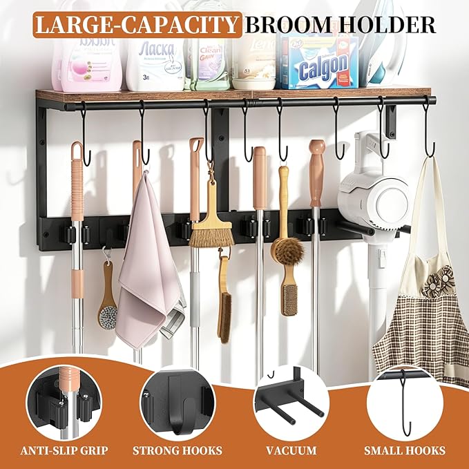 Wall Mounted Broom Holder & Utility Rack | Heavy-Duty Tool Organizer for Garage, Laundry Room & Kitchen | Space-Saving Storage with Shelf for Cleaning Supplies, Vacuums & Tools