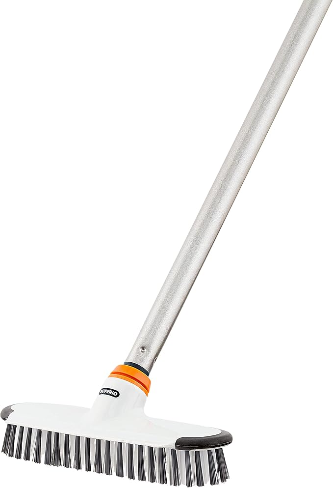 Superio Deck Scrub Brush with Long Handle, Heavy Duty Stiff Bristles Grout Scrubber with Scraper - Cleans Hot Tub, Swimming Pool, Granite Tiles, Bathroom, Patio, Kitchen, Wall and Deck (48 Inches)