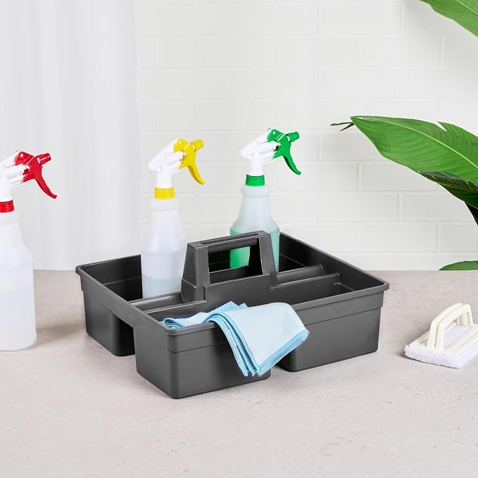Restaurantware-RW Clean 15.2 x 13.2 x 6.7 Inch Cleaning Caddy, 1 Triple Compartment Cleaning Supply Caddy - With Handle, Crack-Resistant, Black Plastic Cleaning Basket, For Cleaning Supplies,