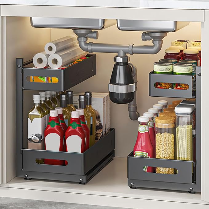 HABITLLO Under Sink Organizer, 2 Tier Bathroom Cabinet Organizer with Adjustable Height, Sliding Cabinet Basket Organizer Drawer for Kitchen, Bathroom, Laundry, Pantry