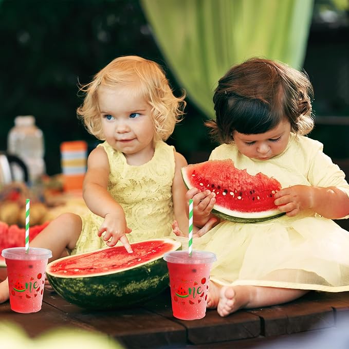 Whaline 50Pcs Watermelon Disposable Plastic Cups with Lids and Straws 12Oz Summer Fruit Cold Beverage Drinking Cups for First Birthday Baby Shower Party Supplies