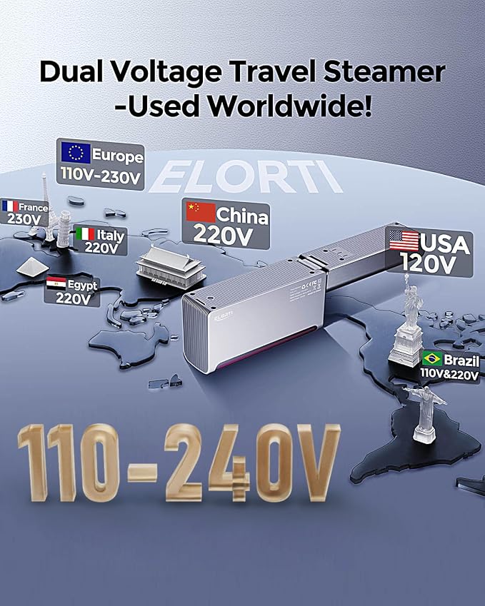 Travel Steamer for Clothes, 1200W Dual Voltage 110-220V Portable Handheld Steamer with Pluggable Cable & Foldable Design, 15s Fast Heat, 2 in 1 Steam Iron with 110ml Tank for Europe, Global