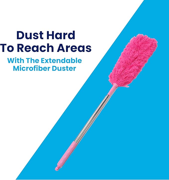 4 Piece Dusting Set – Pink Microfiber Cleaning Kit with 2 Dusting Gloves, Extendable Feather Duster (98"), and Dusting Wand (30") for High Ceilings, Blinds & Furniture