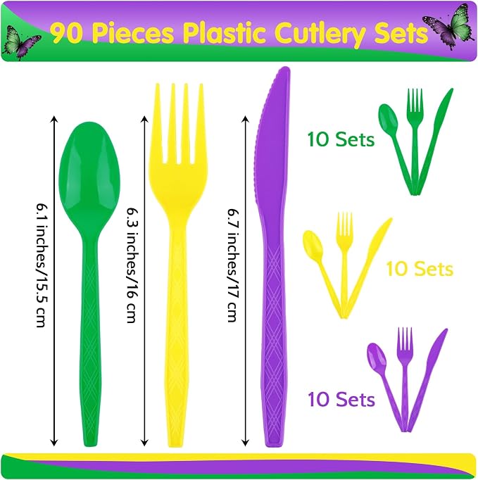 Kochorie 90 Pieces Mardi Gras Plastic Cutlery Set Purple Yellow Green Disposable Plastic Utensils Heavy Duty Flatware Set Include 30 Knives 30 Forks 30 Spoons for Carnival Masquerade Birthday Party