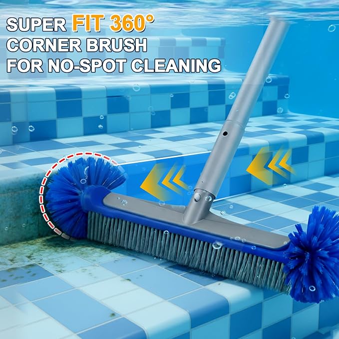 Heavy Duty Pool Cleaning Kit with Aluminum Pole, Wall Brush & Leaf Skimmer | 10.5FT Telescoping Pole, 17" Nylon Bristle Brush, Leaf Rake, Handheld Sponge brush, Fits Inground & Above Ground Pools