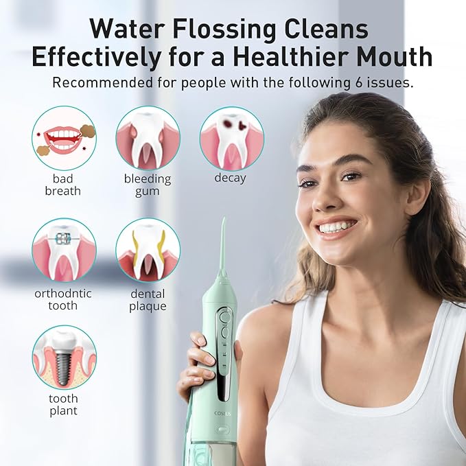 COSLUS Water Dental Flosser Teeth Pick C20: Portable Cordless Oral Irrigator 300ML Rechargeable Travel Irrigation Cleaner IPX7 Waterproof Electric Flossing Machine for Teeth Cleaning, Green