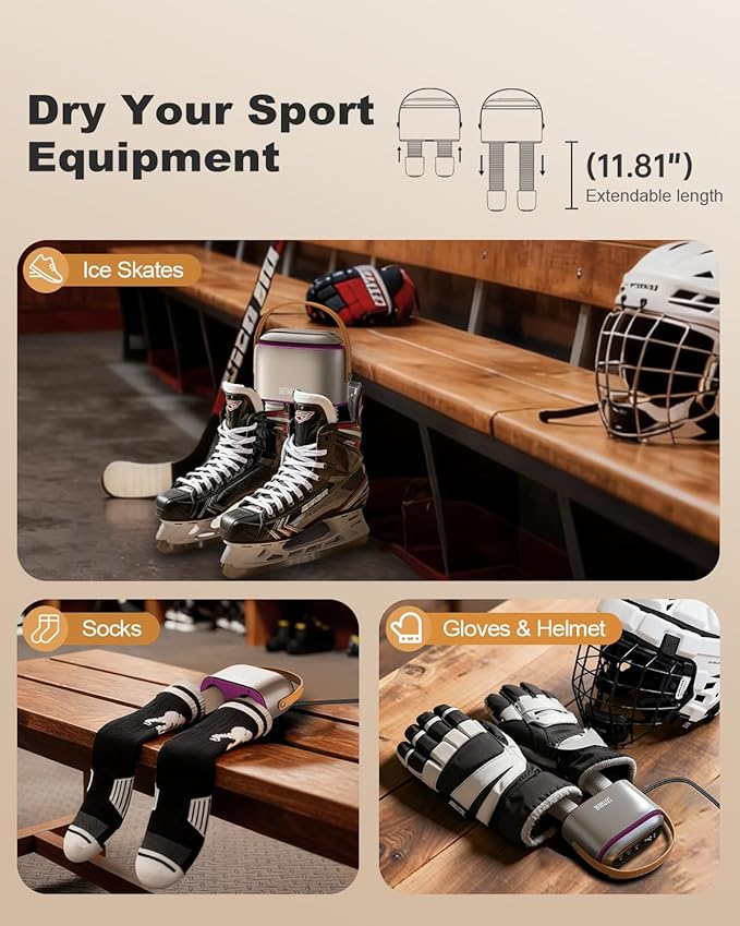 SOTHING Boot Dryer, Portable Shoe Dryer for Sneakers, Ozone Deodorizer, Retractable Hoses, 95W Rapid Drying, 3 Heat Levels, LED Touch Panel, 1–9H Timer, for Work Boots, Soccer Cleats, Gloves, Purple