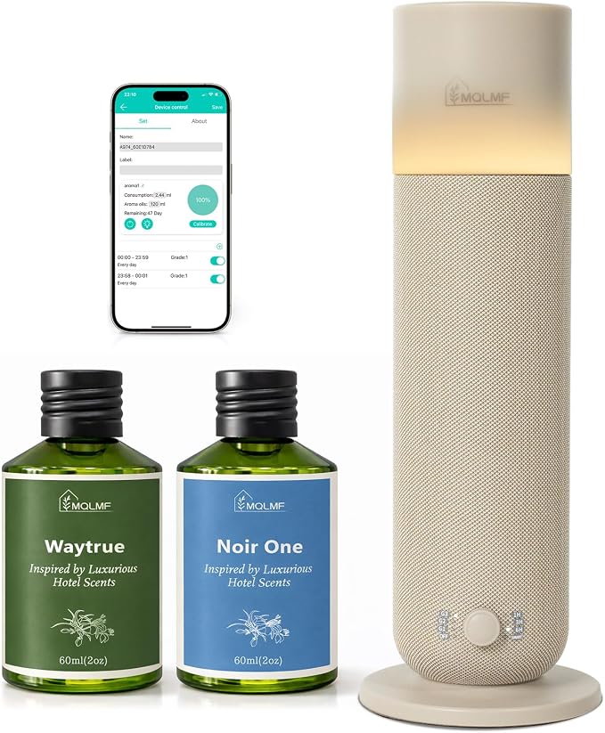 Hotel Collection Diffuser Machine,Fabric-Wrapped Design,Candlelight Atmosphere Lamp,1000 Sq Ft,Waterless Essential Oil Diffuser,Scent Air Machine for Home -Beige,Includes 2 Fragrance Oils