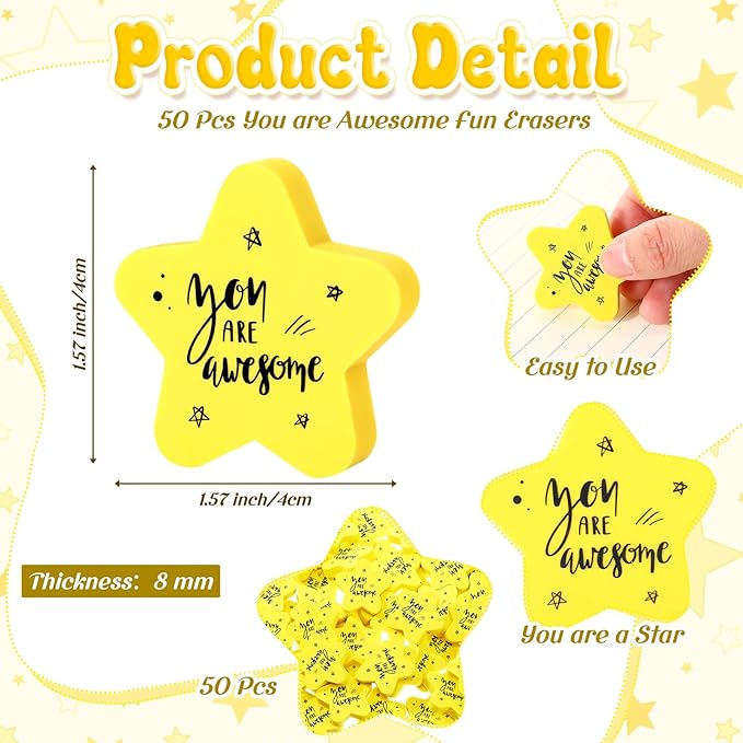 Spakon 50 Sets Inspirational Star Erasers for Kids 1.57" Cute Star Shaped Erasers Bulk Fun Motivational Gifts for Students Classroom Back to School Rewards School Prizes Party Favors