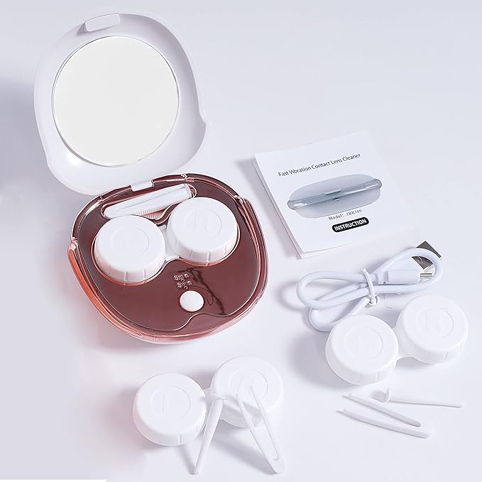 Contact Lens Cleaner Machine, Portable Ultrasonic Cleaning with USB Charger Mirror Tweezers Remover Tool Replaceable Contact Lens Case for Daily Outdoor (White)