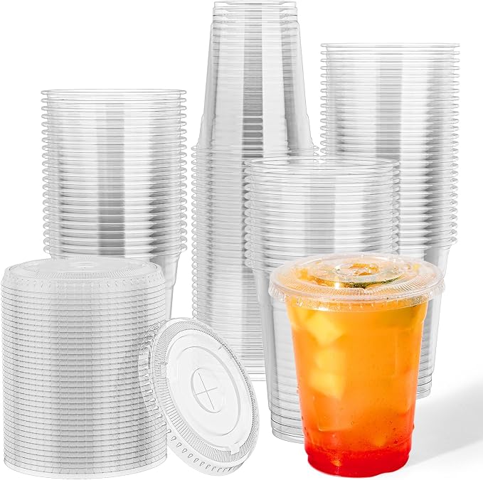 JOLLY CHEF 12 oz Plastic Cups with Lids, 500 Packs Crystal PET Clear Cups, Disposable Ice Coffee Cups with Lids For Coffee Milkshake Daily Use, Party, Wedding, Christmas