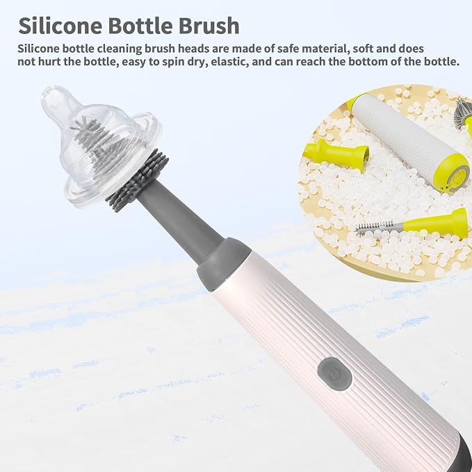 Electric Bottle Brush Set with Electric Bottle Brush Cleaner, 3 Replaceable Baby Bottle Brushes and Extension Handle. Silicone Bottle Brush, Waterproof, Perfect Baby Essentials(Grey)