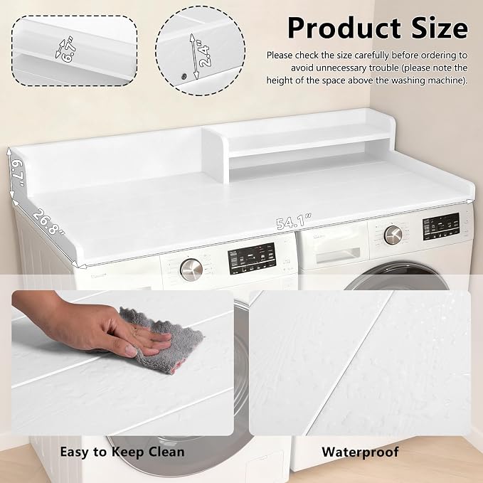 Washer Dryer Countertop, HDPE Laundry Countertop with Storage Shelf and Edge Rails-White