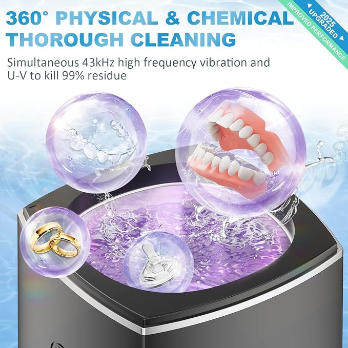 Ultrasonic Retainer Cleaner for Dentures - Sonic Denture Cleaner Machine for Mouth Guard Retainer Washer Sliver Jewelry Ring Brace Toothbrush Head Jewelry 43kHz Dental Tools Black