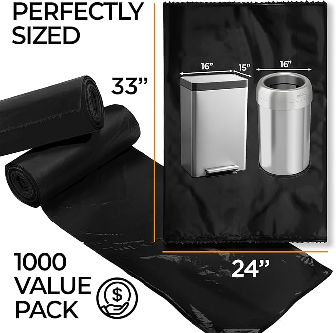 ToughBag 13 Gallon Black Trash Bags, 24 x 33" Black Garbage Bags (1000 COUNT) – Bulk Trash Bag 13 Gallon Tall Kitchen 1000 - Made In USA