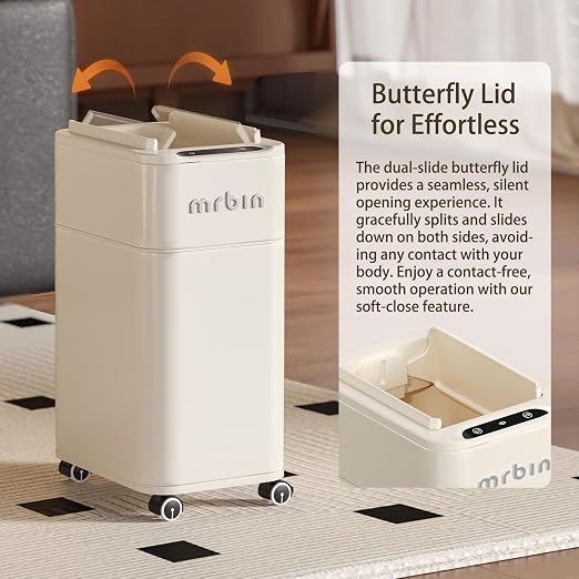 MRBIN Bathroom Metal Adsorption Motion Sensor Trash Can with Butterfly Lid and Wheels, 4 Gallon Kitchen Automatic Waste Garbage Basket for Office, Near Desk, Bedroom, Rv, Cream White