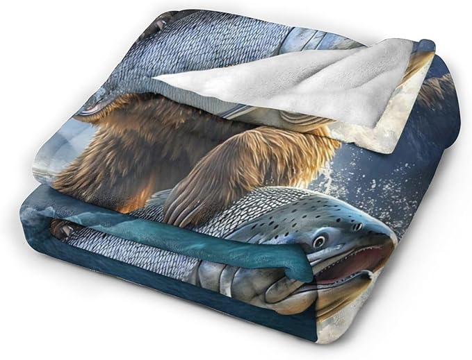 Tijuboni Bear Fish Throw Blanket Cabin Bear Gifts for Women Men Girls Boys Kids Adults Soft Flannel Fleece Blanket for Couch Sofa Bed Home Decor 50"x60"