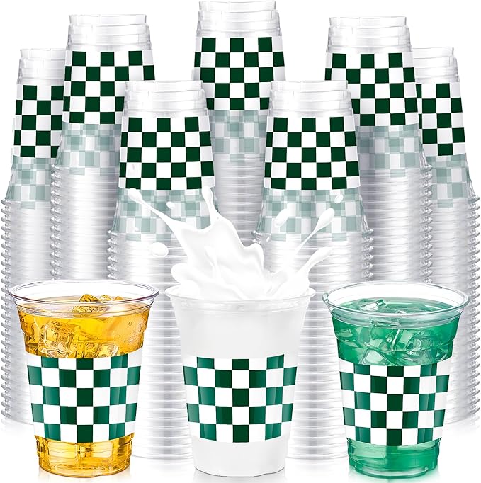 SiliFine 50 Pcs 12 oz Dark Green Checkered Plastic Cups Clear Disposable Gingham Plaid Party Cups for Baby Shower Golf Camp Parties Picnic Party Decorations