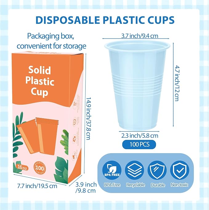 Kochorie 100 Pack Disposable Plastic Cups 16 Oz Solid Color Drinking Cups Party Supplies Strong and Sturdy Drinkware Cup For Birthday, Wedding, Baby Shower, Gender Reveal Party & Daily Use, Light Blue