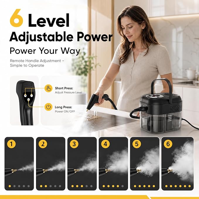 Steam Cleaner for Home: 1.7L Water Tank, Handle High Pressure Steam Cleaner with 6 Level Adjustable Handle, 15s Heat Up, 2500W Portable Steamer for Home, Car Detailing, Dirt, Grease, Grout