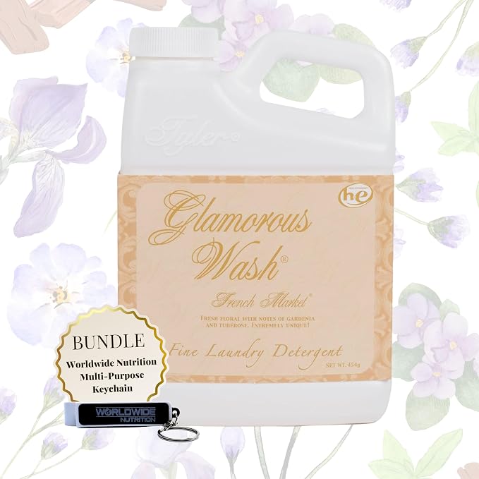 Worldwide Nutrition Bundle: Tyler Glamorous Wash French Market Scent Fine Laundry Liquid Detergent - Hand and Machine Washable - 16 oz, 454-gram Container and Multi-Purpose Key Chain