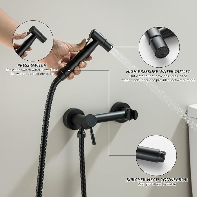 Handheld Bidet Sprayer for Toilet with Hot and Cold Water, Matte Black Stainless Steel Warm Water Round Bidet Spray Attachment Set