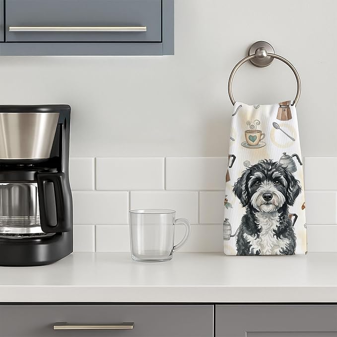 Caroline's Treasures Portuguese Water Dog Coffee Bar Kitchen Towel Velour Plush Front and Cotton Loop Back Machine Washable