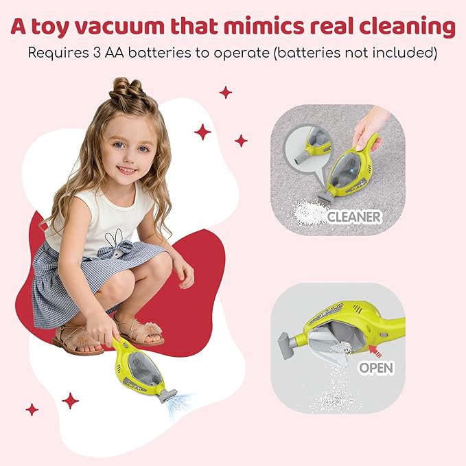 Toddler Cleaning Toy Set, Kids Cleaning Set - Pretend Play Educational Kit with 2-in-1 Toy Vacuum, Mobile Cleaning Cart, Broom & Dustpan, Home Cleaning Toys for Boys Girls(Red)