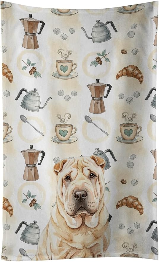 Caroline's Treasures Shar Pei Coffee Bar Kitchen Towel Velour Plush Front and Cotton Loop Back Machine Washable