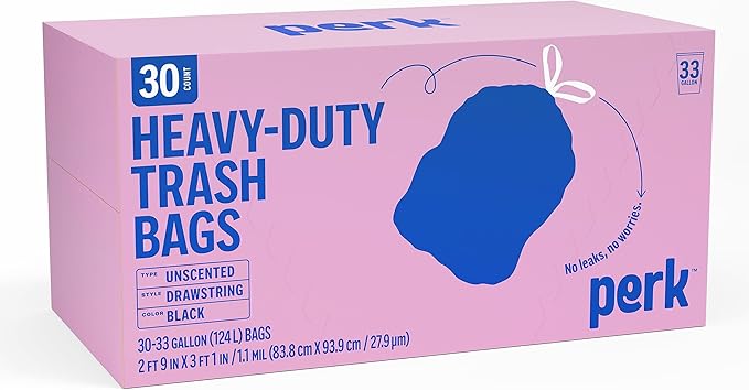 STAPLES PERK Black Kitchen Trash Bags, 33 Gallon Garbage Can Liners, Drawstring Closure, Great for Home, Office, Classroom, 30-Pack