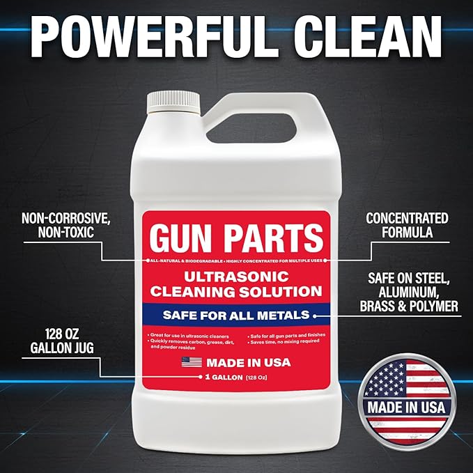 Ultrasonic Gun Cleaning Solution - 1 Gallon/128oz [Made in USA] Concentrated Formula Mixes into 8 Gallons - Firearm Cleaning Fluid for Brass & Gun Parts - for Ultrasonic Cleaner Use