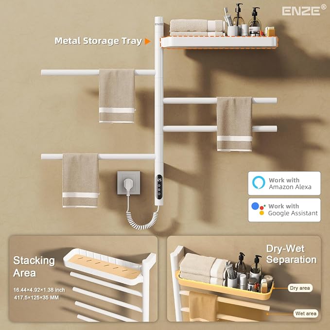 ENZE Smart Rotating Heated Towel Rack for Bathroom, 4-Bar Wall-Mounted Electric Towel Warmer with Swivel Shelf, Wi-Fi App Control, 24H Timer, Stainless Steel, IPX5, Hardwired/Plug-in, White