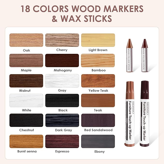 SEISSO Wood Repair Kit, 40 PCs Wood Furniture Repair Kit, Wood Touch Up Markers and Crayons with Polish Wax for Scratches, Stains, Cracks,Holes and Dents, Discoloration for Wooden Surfaces and Floors